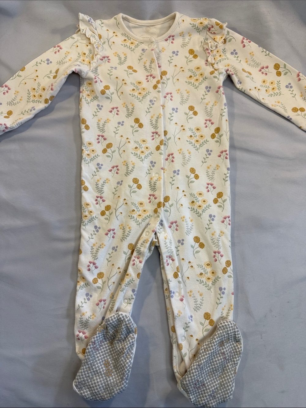 Cream Floral Footed One-Piece with Ruffle Shoulders
